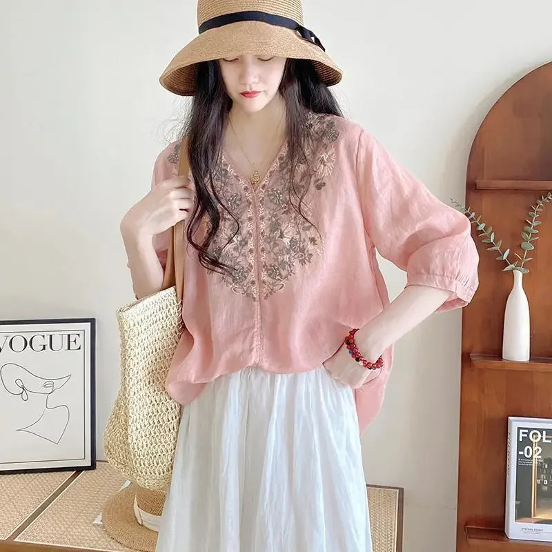 Women's Clothing Linen Blouse White V-Neck Embroidered Shourt Sleeve Loose Fit Artistic Casual Feminine Fashion