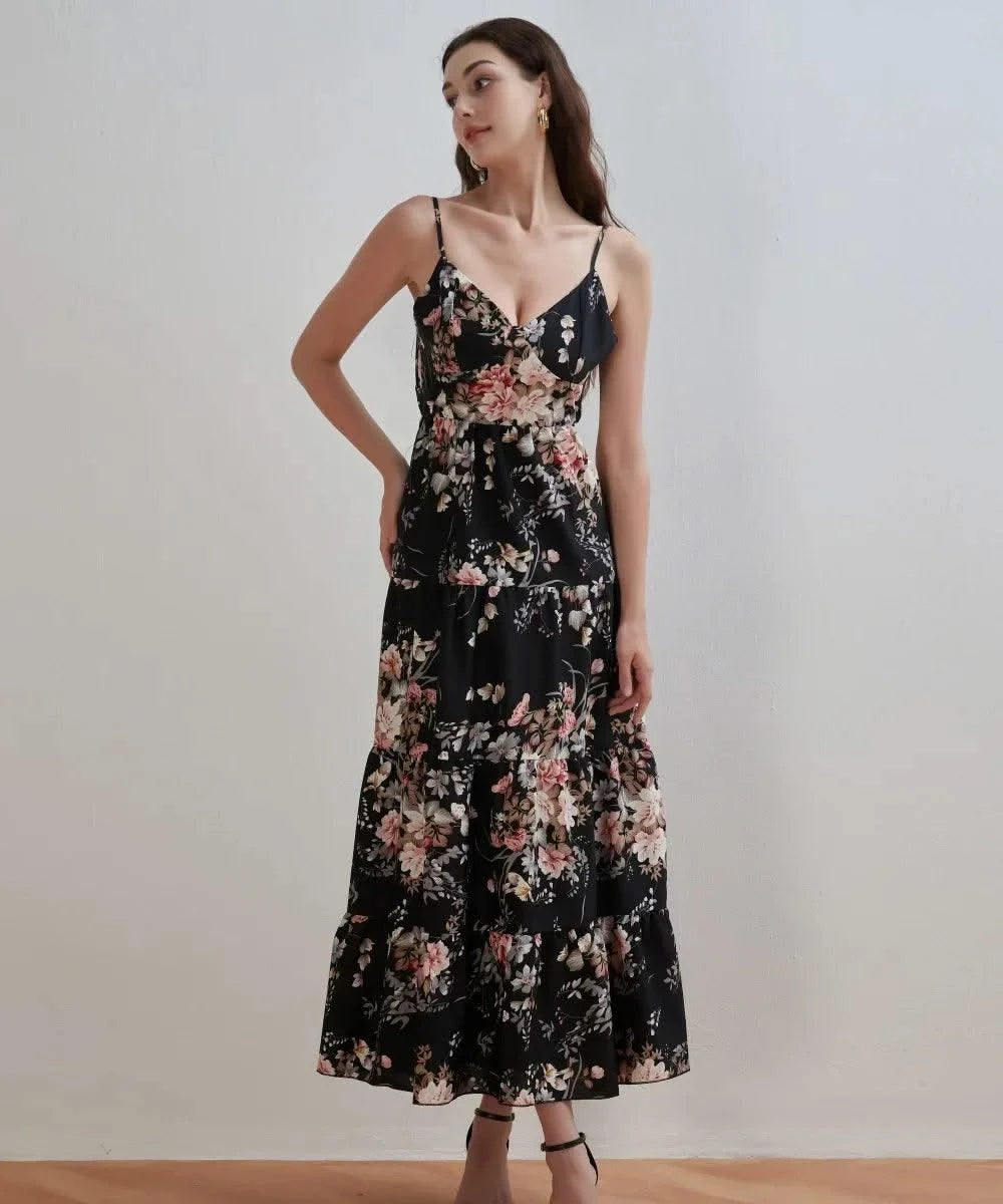 Women's Summer Black Floral V Neck Sleeveless Backless Halter Dress Fashion Elegant Sexy Bow Tie Black Backless Party Dresses