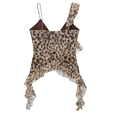 TRAF Leopard Crop Tops For Women Ruffle Sleeveless Printed Tops Summer Backless Tulle Camisole Top Woman Sexy Asymmetrical Top