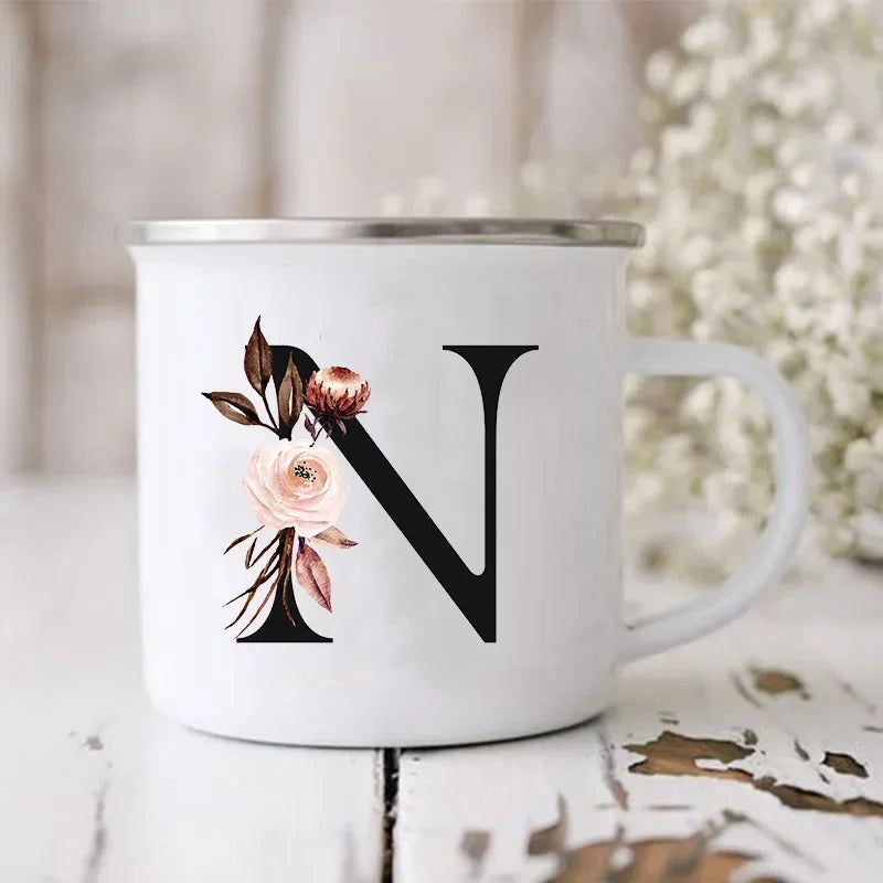 Initial Letter Print Mugs Enamel Creative Coffee Cups Drinks Wine Juice Milk Cup Vintage Home Office Handle Drinkware Best Gifts