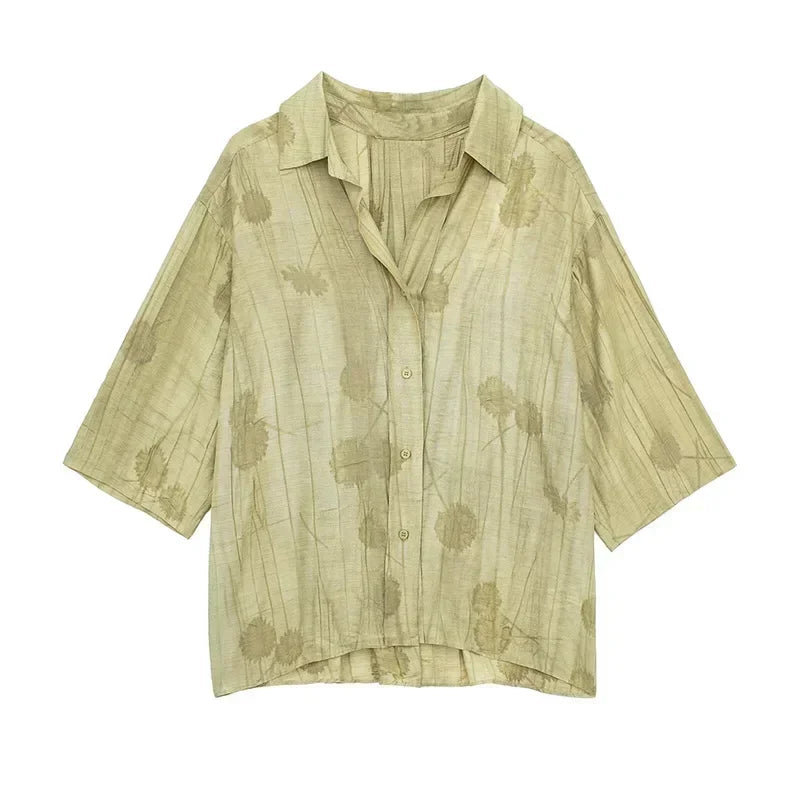 Women's Jacquard Oversized Shirt Trousers Short Sleeves Suit Lapel Shirt High Waist Elastic Straight Leg Pants Chic Female Set