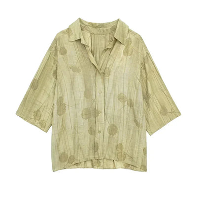 Women's Jacquard Oversized Shirt Trousers Short Sleeves Suit Lapel Shirt High Waist Elastic Straight Leg Pants Chic Female Set