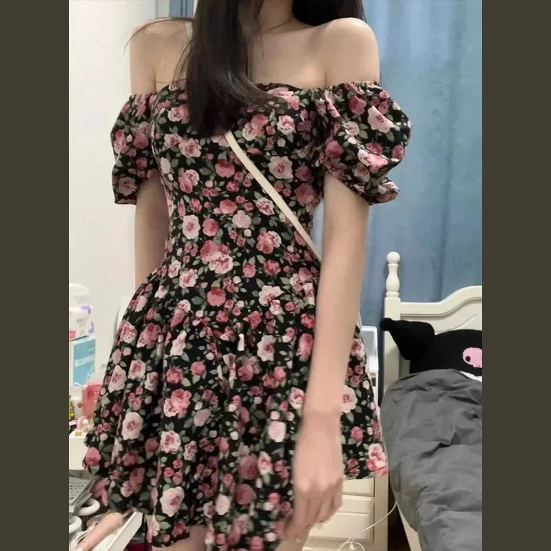 2025 New Short Mini Skirt French Style Bubble Sleeve Floral Dress Sexy Tea Break Small Stature Women Summer Dresses - Elanique