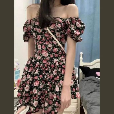 2025 New Short Mini Skirt French Style Bubble Sleeve Floral Dress Sexy Tea Break Small Stature Women Summer Dresses - Elanique