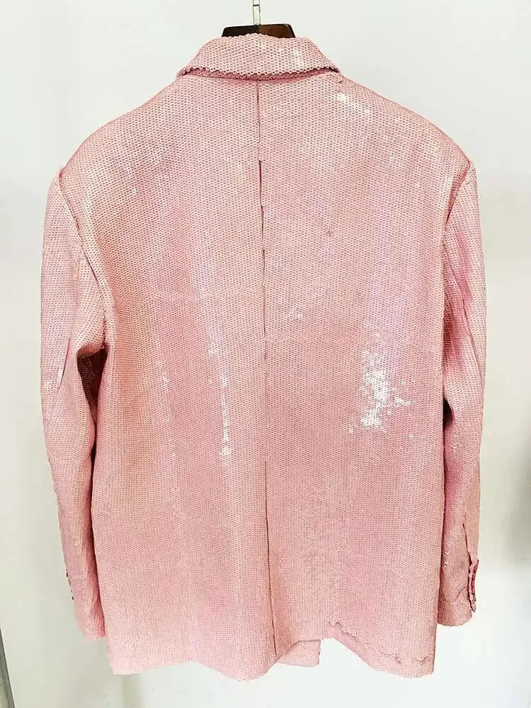 DEAT Fashion Women's Blazer Notched Collar Double Breasted Sequins Full Sleeves Pink Suit Jackets Autumn 2025 New Tide 7AB643
