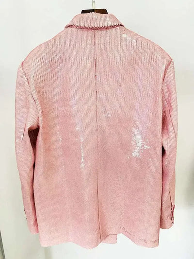 DEAT Fashion Women's Blazer Notched Collar Double Breasted Sequins Full Sleeves Pink Suit Jackets Autumn 2025 New Tide 7AB643