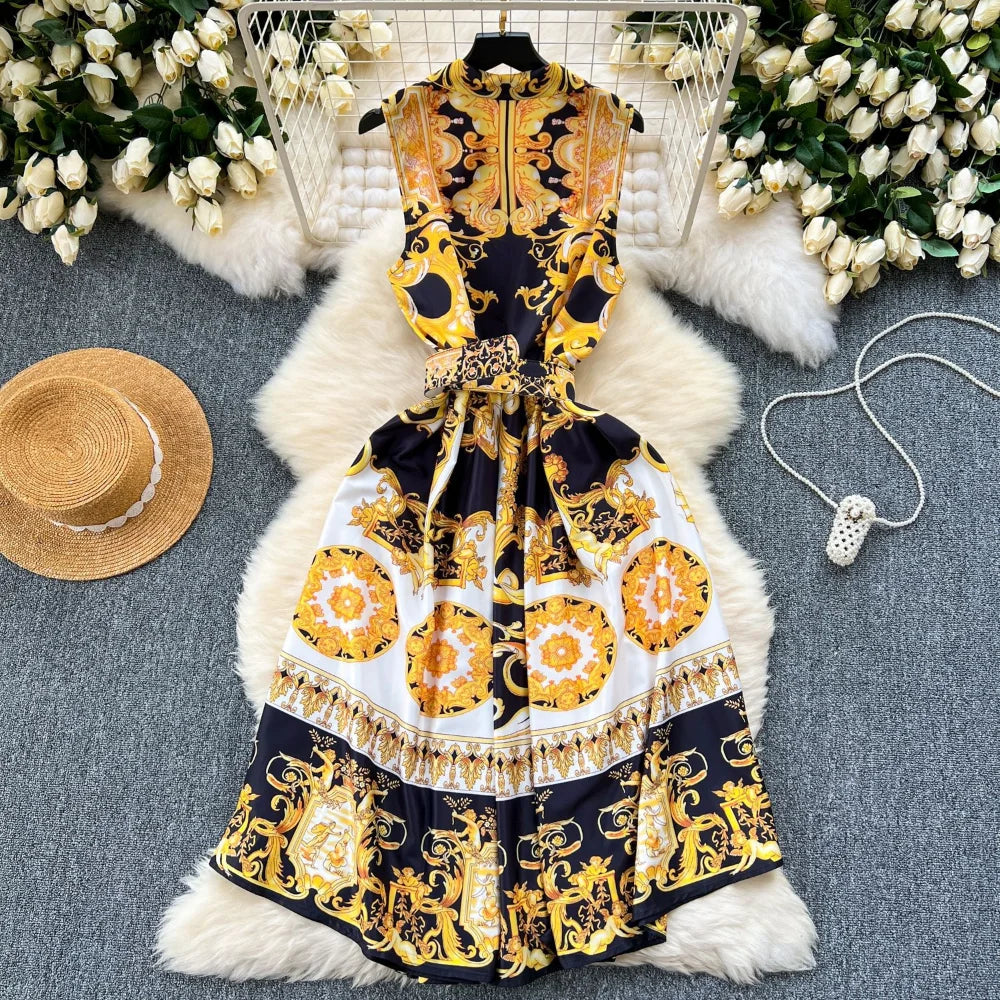 Summer Print Dress Women Sleeveless Elegant High Waist A-line Long Dresses for Women