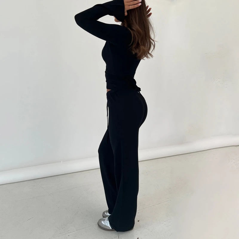 Women Fashion Lounge Set Vintage 2 Piece Outfit V Neck Waist Tie T-shirt + Elastic Waist Pants Autumn Long Sleeve Crop Tops