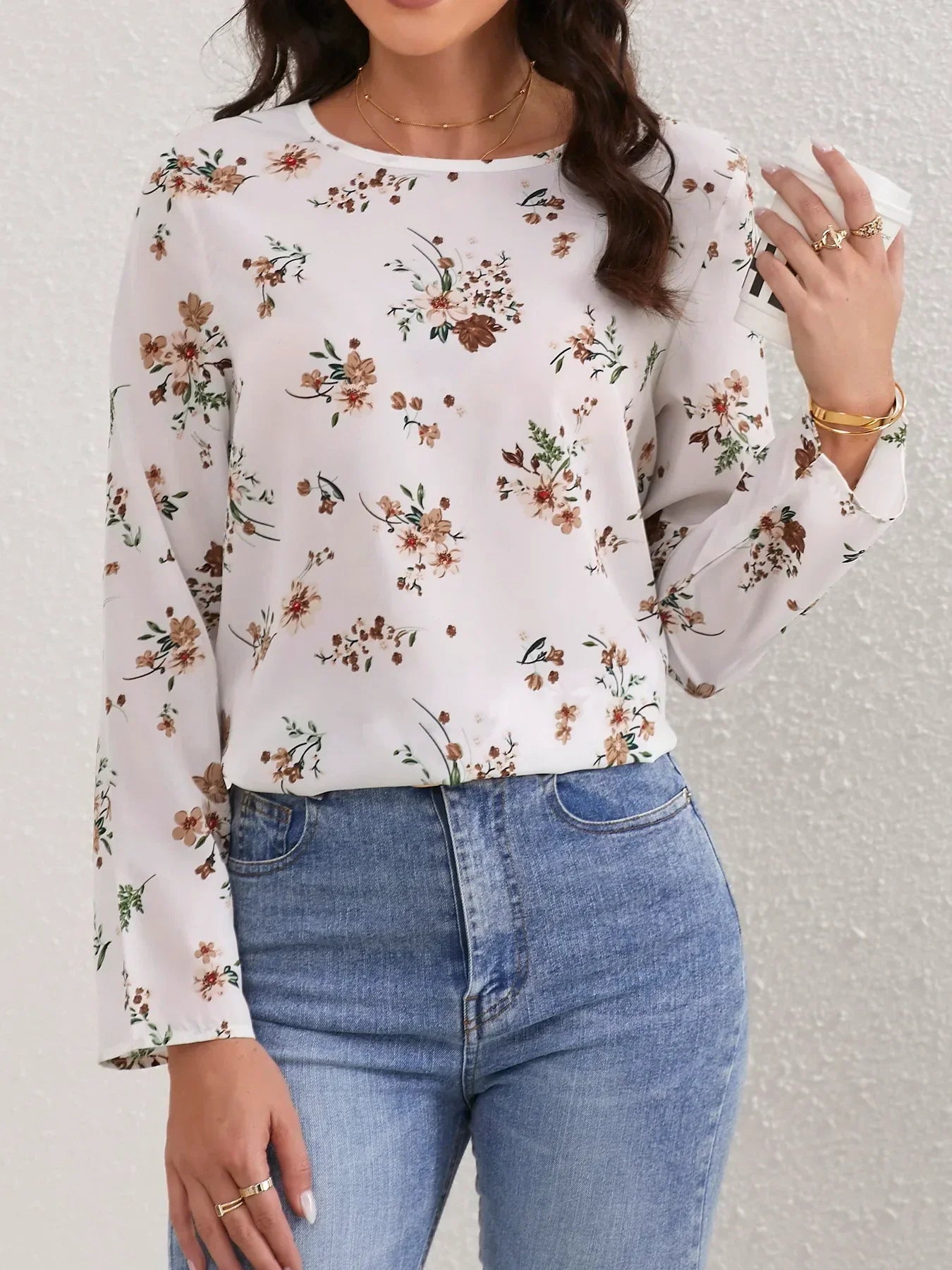 Ladies Floral Print O Neck Casual Long Sleeve Blouse Women Tops Shirts