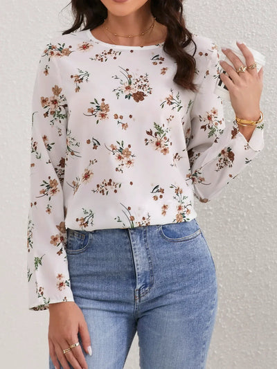 Ladies Floral Print O Neck Casual Long Sleeve Blouse Women Tops Shirts