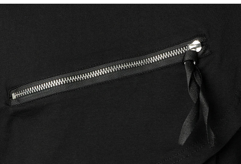Men Clothing T Shirt High Street Streamer Functional Tactics Personalized Zipper Crewneck T-shirts Black Hip Hop Punk Camisetas