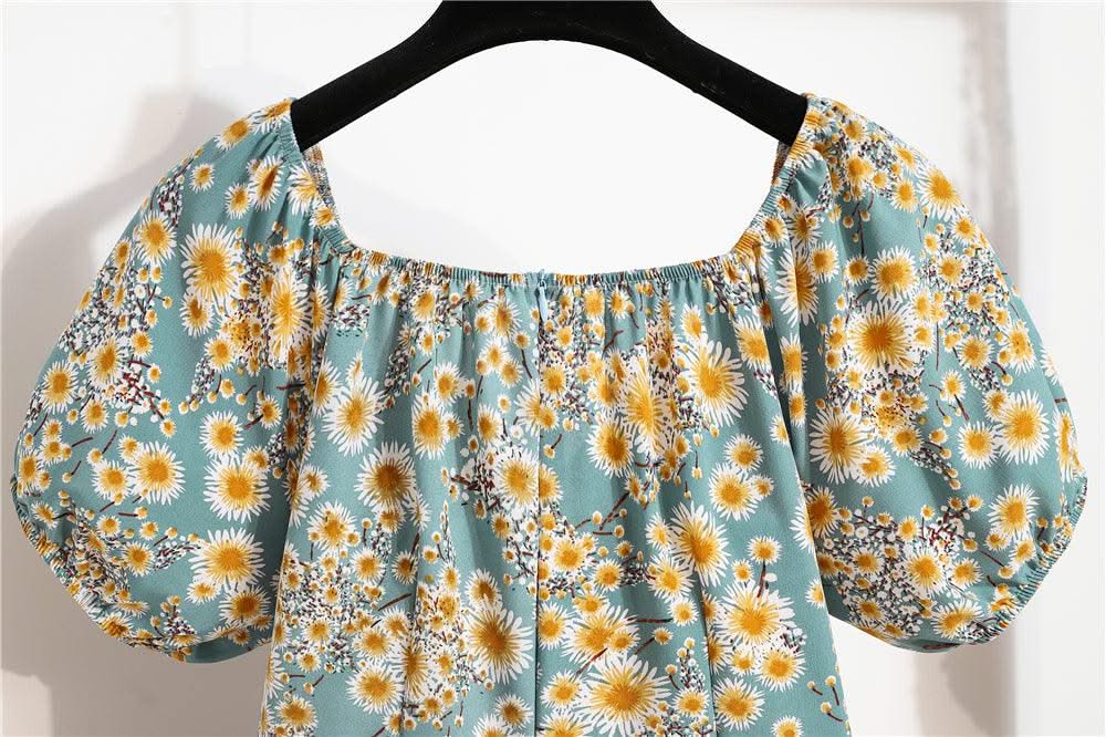 Women Mini Printed Floral Chiffon Shirring Pleated Short Puffy Sleeve Casual Dresses Summer Fashion