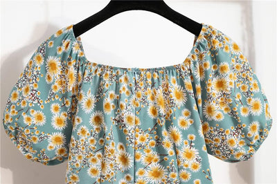 Women Mini Printed Floral Chiffon Shirring Pleated Short Puffy Sleeve Casual Dresses Summer Fashion