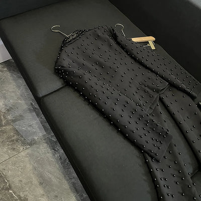 TWOTWINSTYLE Spliced Pearl Solid Two Piece Sets For Women Lapel Long Sleeve Top High Waist Pants Elegant Set Female KSE534390