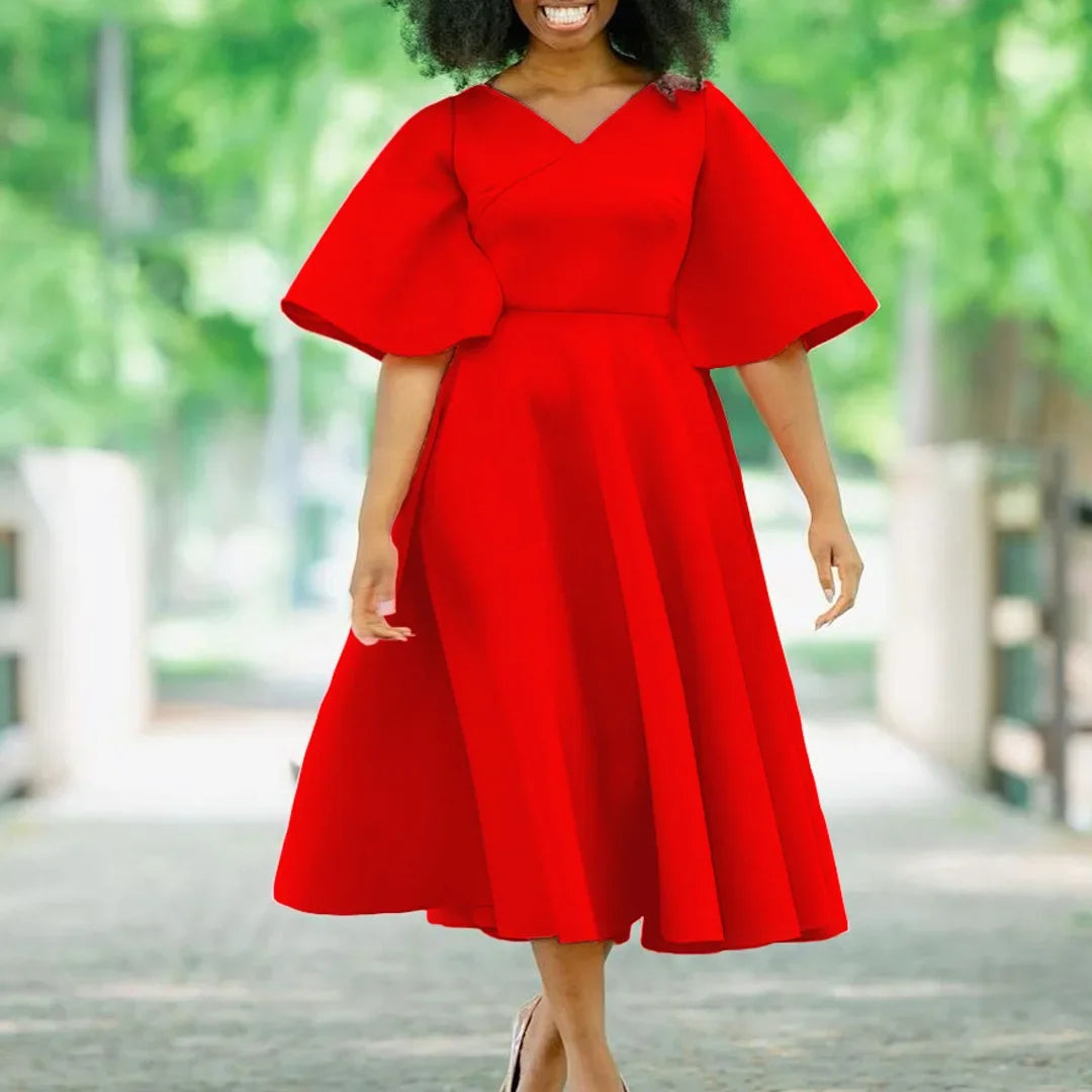Elegant Party Dresses for Women V Neck Ruffles Sleeve High Waisted Pleated Mid Calf Luxury Birthday Dinner Vestidos Mujer Dress