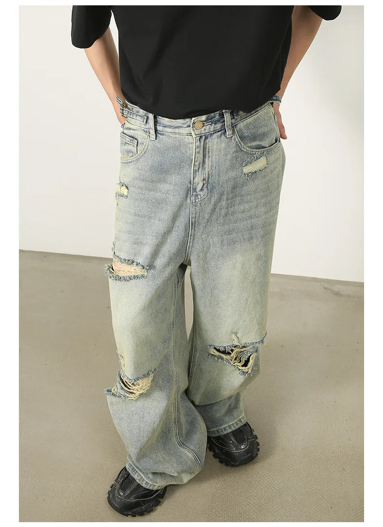 Loose Ripped Jeans Men Blue Baggy jeans For Men High End Wide Leg Pants Soft Denim Jeans Summer Streetwear Fashion Mens Trousers