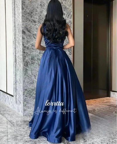 Luxury Woman Women's Evening Dress Dark Blue Satin Glitter Trim Line A Graduation Dresses Party Elegant Prom Wedding Customized