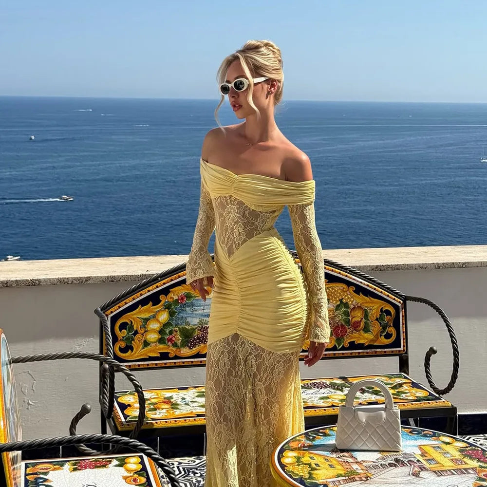 Woman Clothing Lace Patchwork Evening Dress 2025 Autumn Sexy Slash Neck Long Sleeve Folds Party Gown Lady Long Maxi Prom Dresses