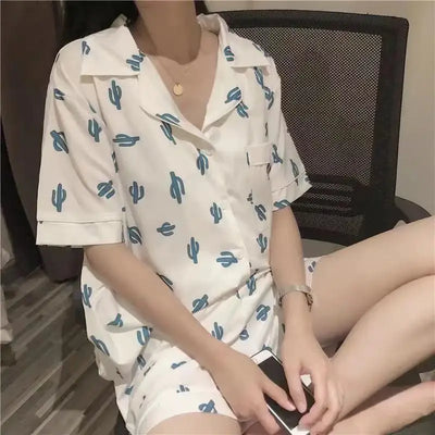 New Women Sleepwear Cartoon Pajamas Female Short  Pants Short Sleeved Summer Spring Loungewear Fashion Home Clothing Homewear