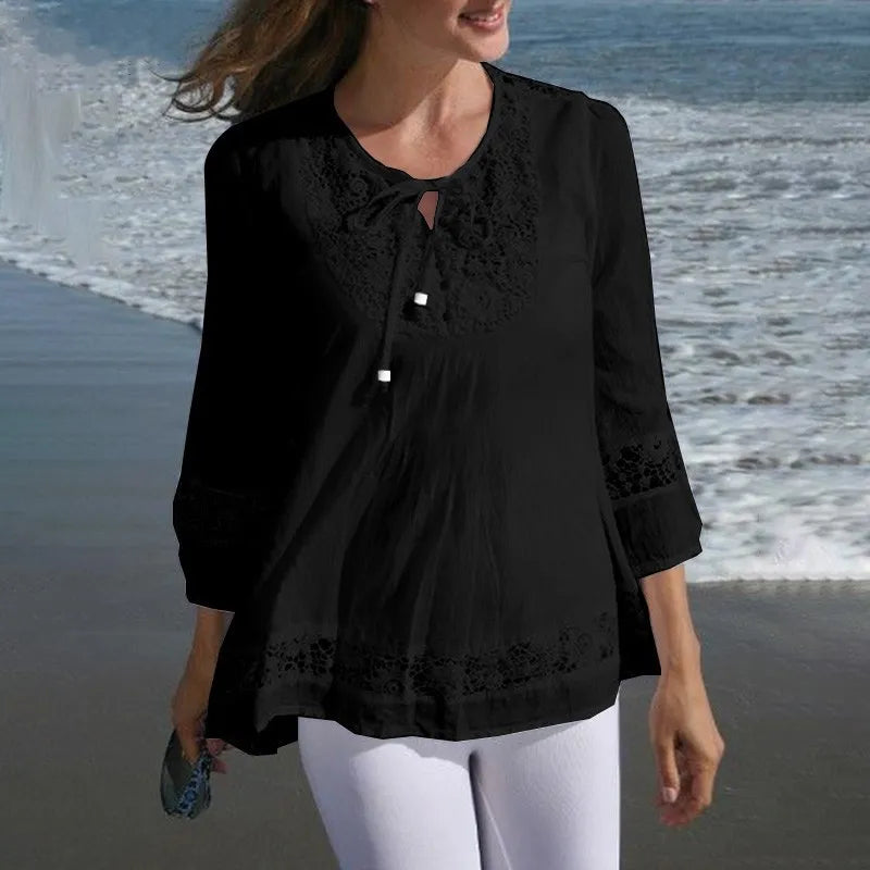 Fashion Women's Solid Lace Top Cotton Linen Casual Top Woman New Summer Blouse Three-Quarter Sleeve Loose Shirt & Blouse Women