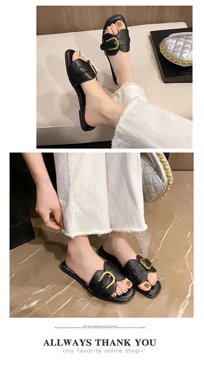 Summer Women Slippers Leather Square Toe Women Flats Flip Flops Designer Ladies Slides Sandals Women Shoes Luxury Sandals