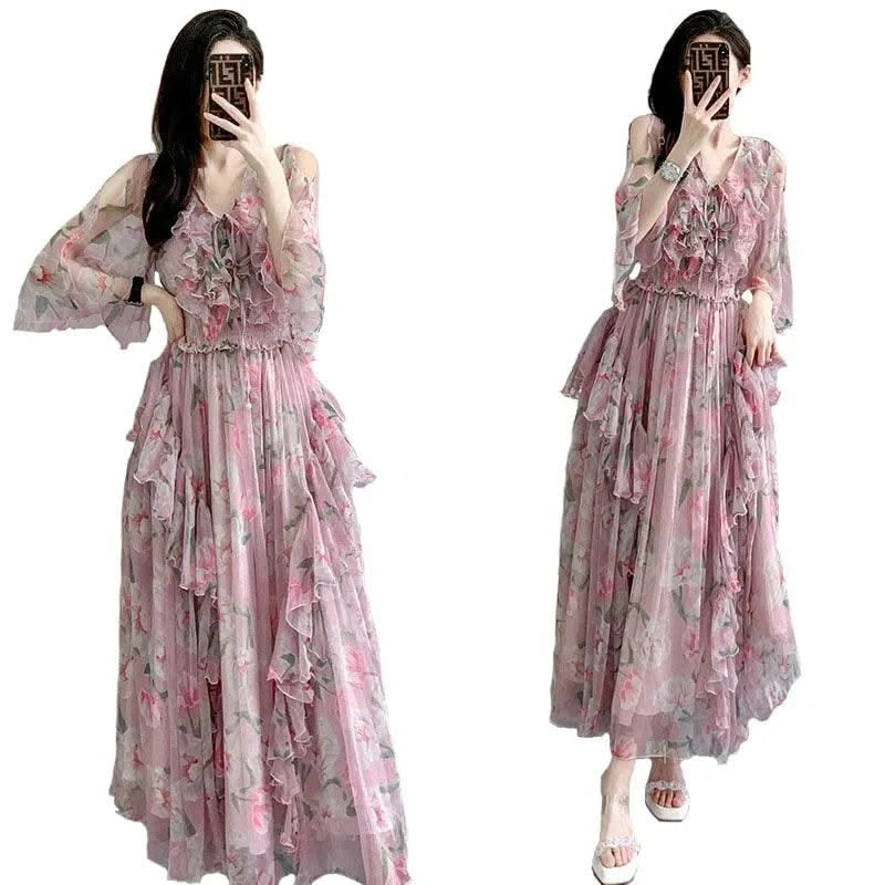 Women Sexy Off Shoulder V Neck Floral Print Dress Summer Gorgeous Flower Pink Chiffon Cascading Ruffles Evening Party Prom Robe