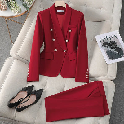 High Quality Suit Office Casual Two Piece Set Spring Autumn Women Double Breasted Blazers+Straight Zipper Trousers Women Outfit