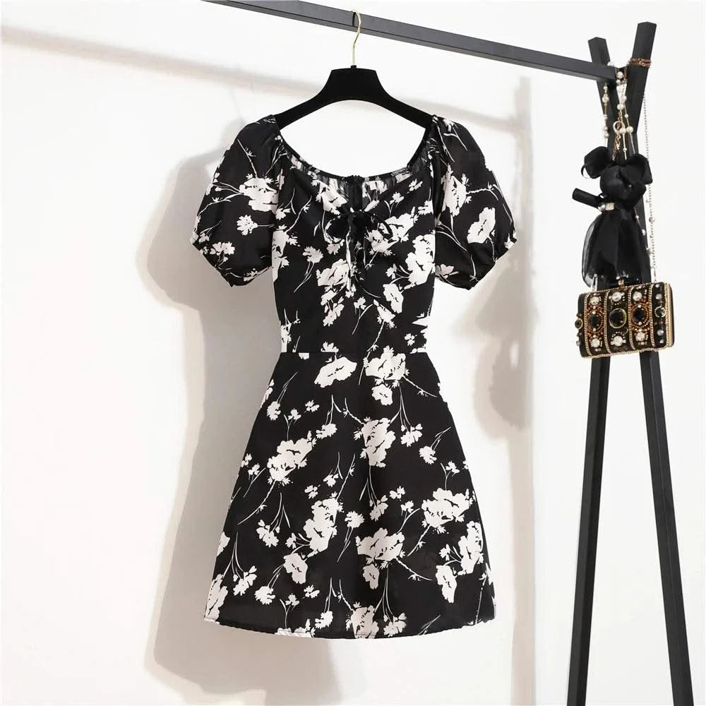 Women Mini Printed Floral Chiffon Shirring Pleated Short Puffy Sleeve Casual Dresses Summer Fashion