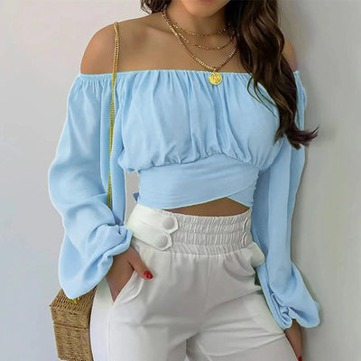 Women Sexy Off Shoulder Blouse Chic and Elegant Printing Lantern Long Sleeve