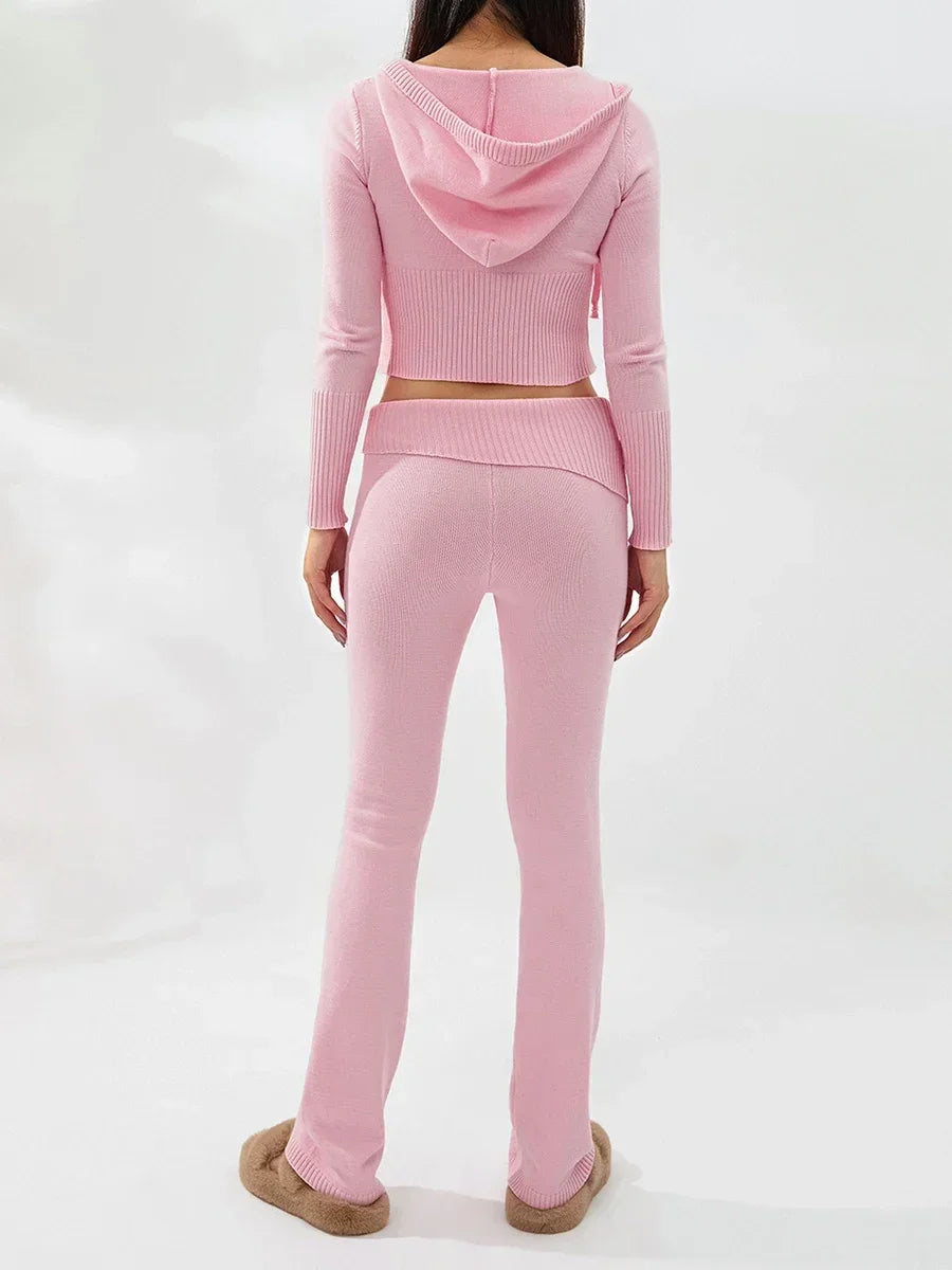 Women Tracksuit  Knit Lounge Set Long Sleeve Zip Up Hoodie with High Waist Wide Leg Pant 2 Piece Sweater Ensemble Casual Set