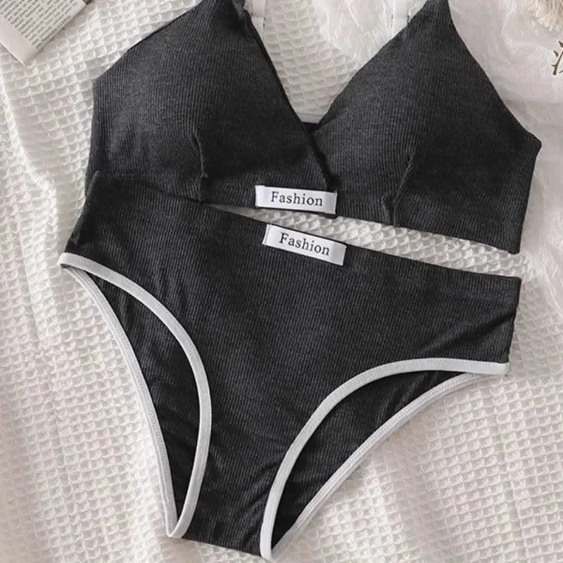 Women Cotton Bra And Panties Set Low Rise Briefs Panties Non-Wire Vneck Bras Sexy Lingerie Push Up Brassiere Female Underwear