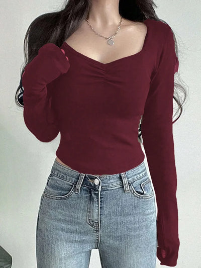 Women Long Sleeve Tops - Sexy Going Out Sweetheart V Neck Basic Shirts Tight Slim Fall Trendy Clothing