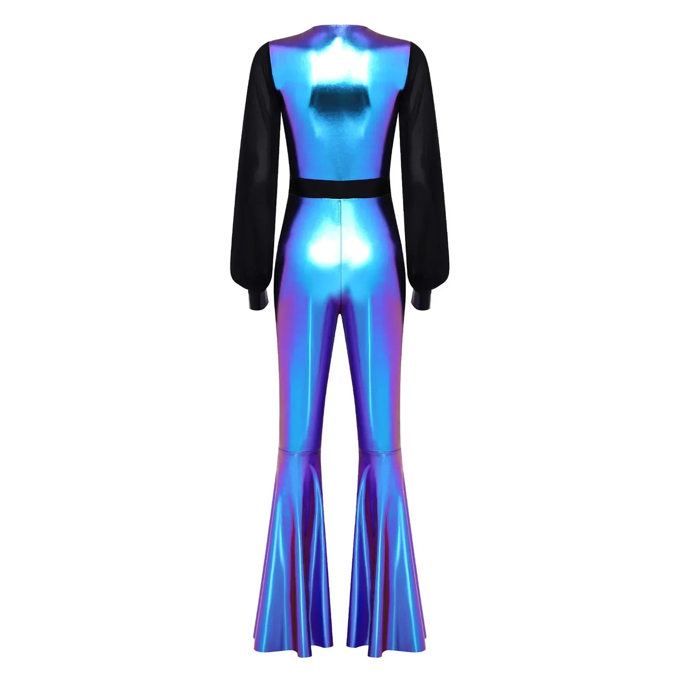 Womens Vintage 70s 80s Disco Dance Jumpsuit Mesh Long Sleeve Bell Bottom Pants Metallic Shiny Rompers Bodysuit Halloween Costume