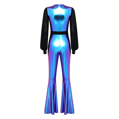 Womens Vintage 70s 80s Disco Dance Jumpsuit Mesh Long Sleeve Bell Bottom Pants Metallic Shiny Rompers Bodysuit Halloween Costume
