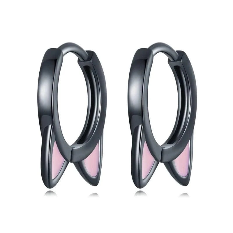 WOSTU Real 925 Sterling Silver Cat Ear Hoop Earrings For Women Lovely Pink Cute Pet Paw Studs Clips Girl Unique Jewelry Gift