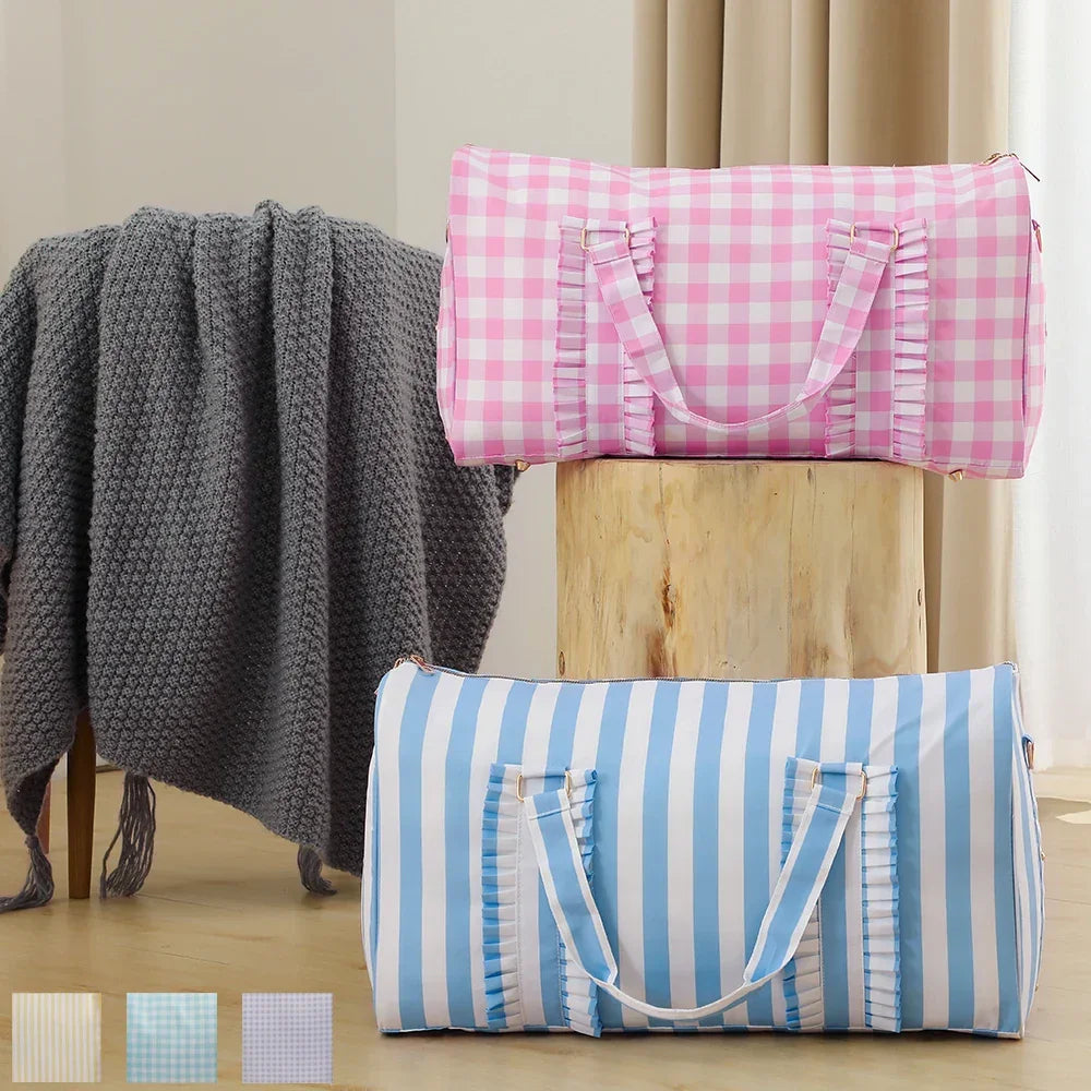 Nylon Duffel Bag Women Ruffle Duffle Gingham Weekend Sports Overnight Travel Vacation Gift Stripe Detachable Adjustable Strap