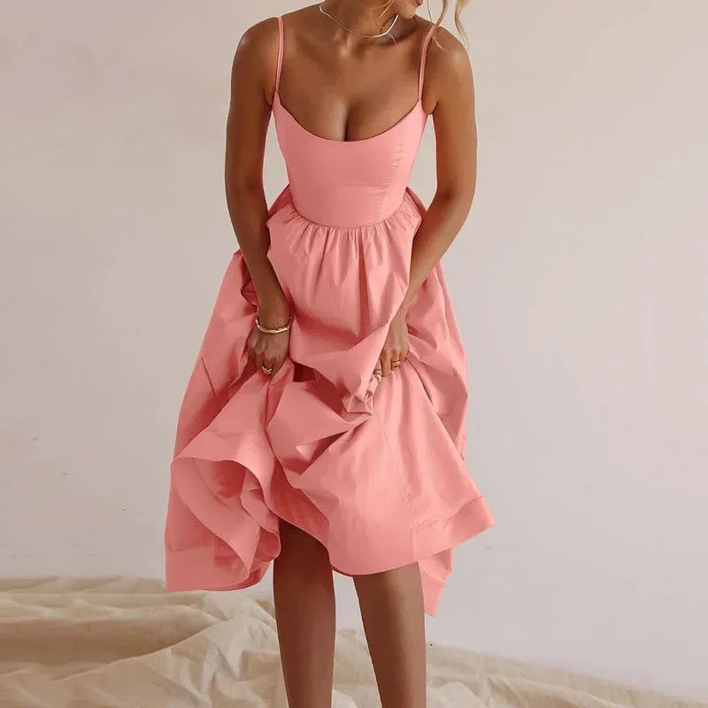 Women's Off The Shoulder Midi Dress 2024 Summer New Solid Color Sexy U-Neck Strap Large Swing Dress For Women Vestidos De Mujer
