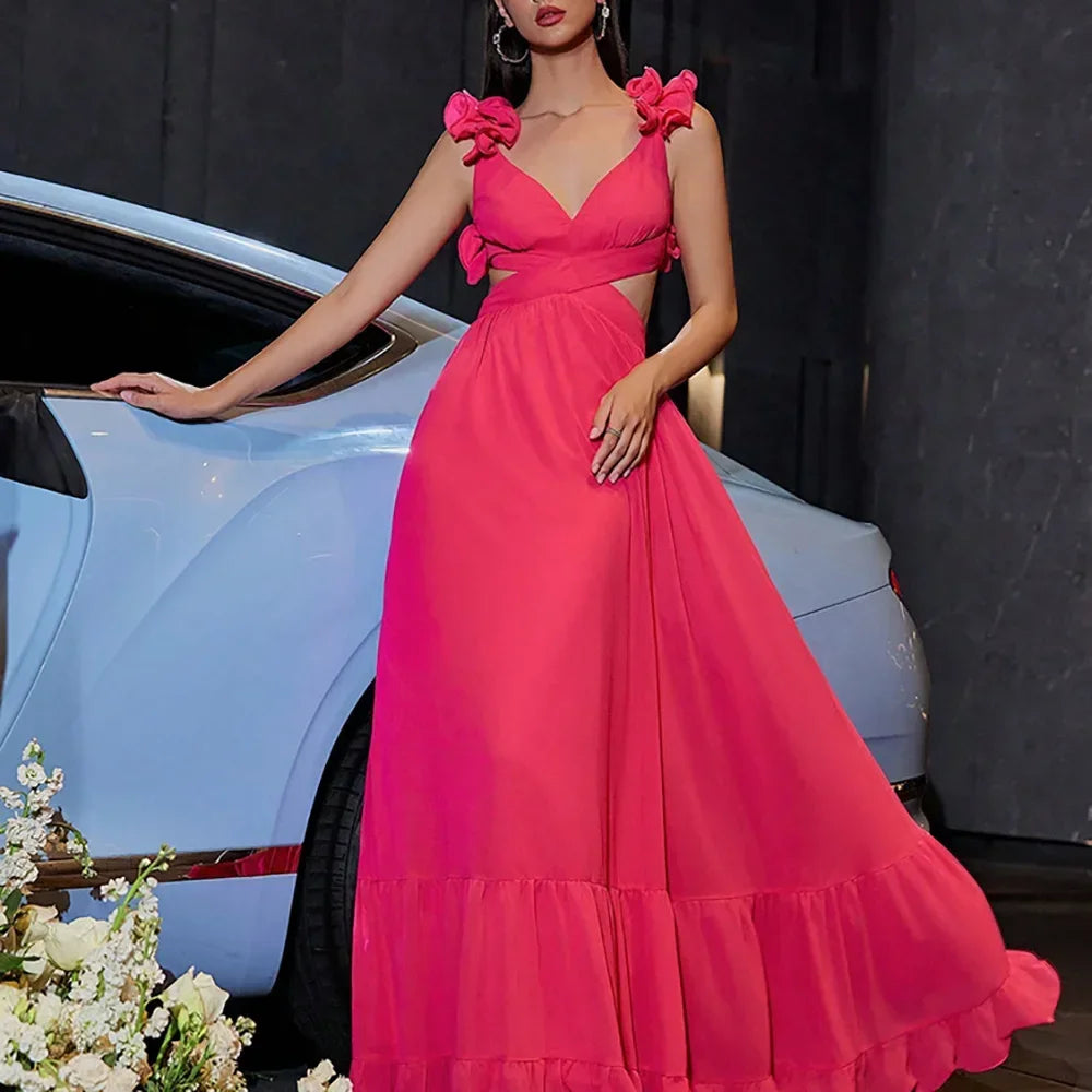 Women Wedding Dresses Summer Chiffon Flower Dress Backless Cross Tie Pleated Large Swing Evening Dress Vestidos De Mujer
