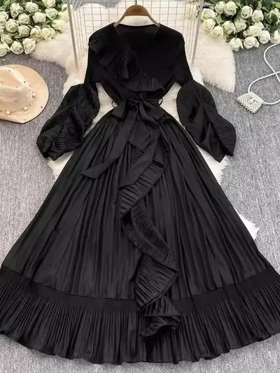 Women's V Neck Ruffles Splice Lantern Sleeve High Stretch Oversized Dresses Miyake Maxi Pleated 2025 Spring Long Party Clothing