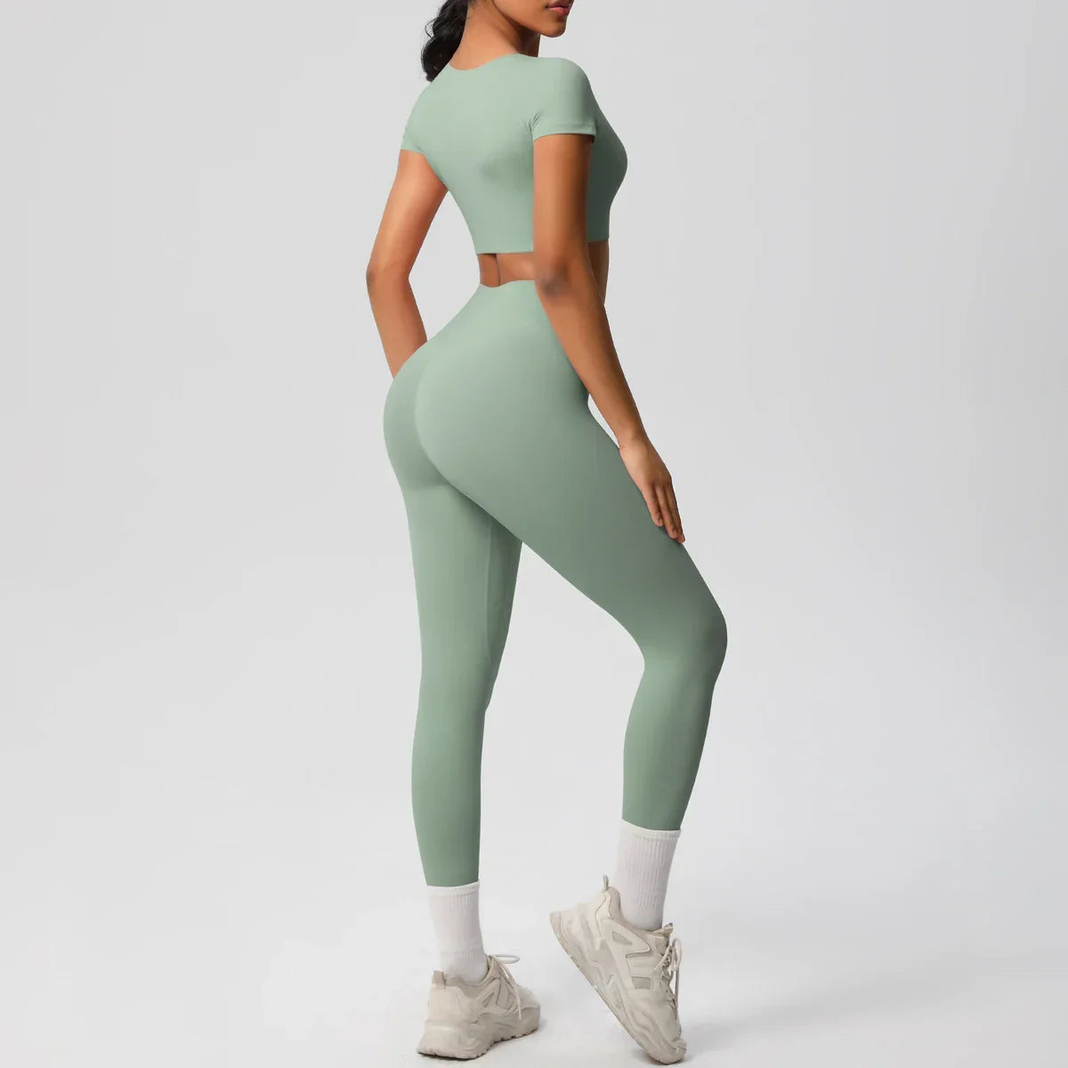 Yoga Set 2 Pieces Women Tracksuits Workout Sportswear Gym Clothing Fitness Short Sleeve With Padded High Waist Leggings Suits