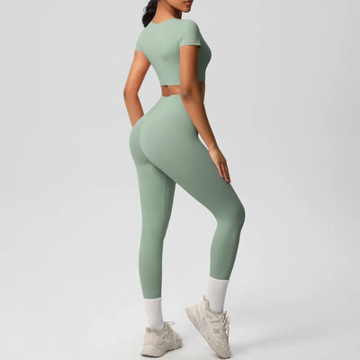 Yoga Set 2 Pieces Women Tracksuits Workout Sportswear Gym Clothing Fitness Short Sleeve With Padded High Waist Leggings Suits
