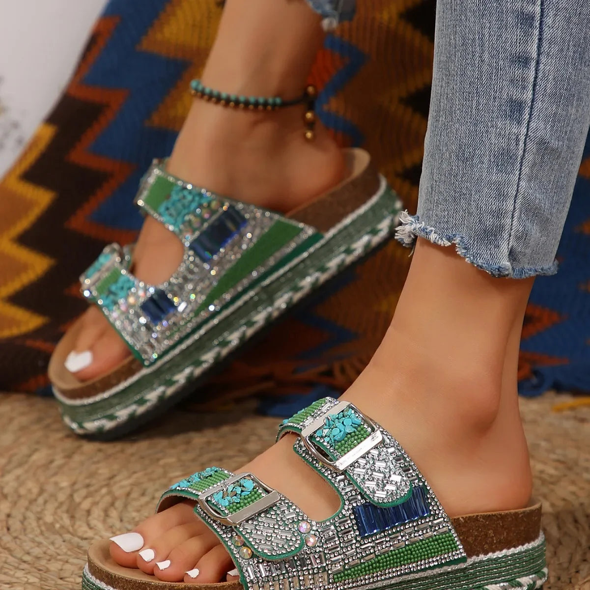 New Women's Rhinestone Thick Sole Twine Double Buckle Sandals, Soft Comfortable Women's Beach Slippers Large size