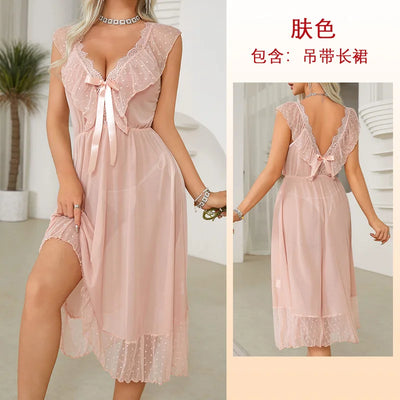 Women's Sexy Lingerie Nightgown Semi Sheer Babydoll Sleepwear Dress With Polka Dots Bow Knot Decor Summer Mesh V-Neck Loungewear