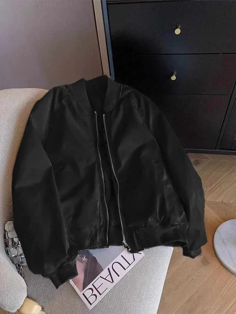 Bomber Jacket for Women Winter Zip-up White Plain Loose Baseball Aviator Coat