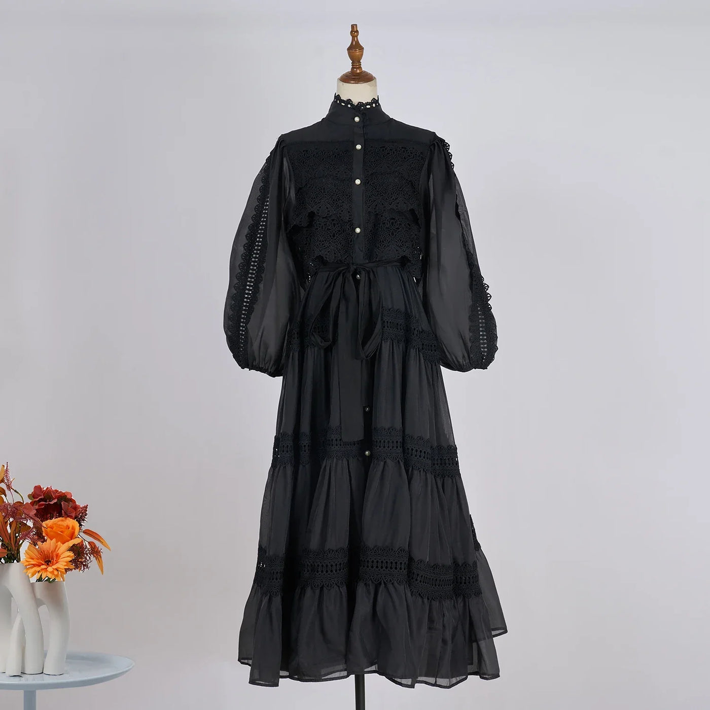 Luxury Long Dresses Women 2025 Spring Summer Embroidery Ruffle Lace Pearl Hollow Out Party Midi Dress Shirt Full Sleeve Vestidos