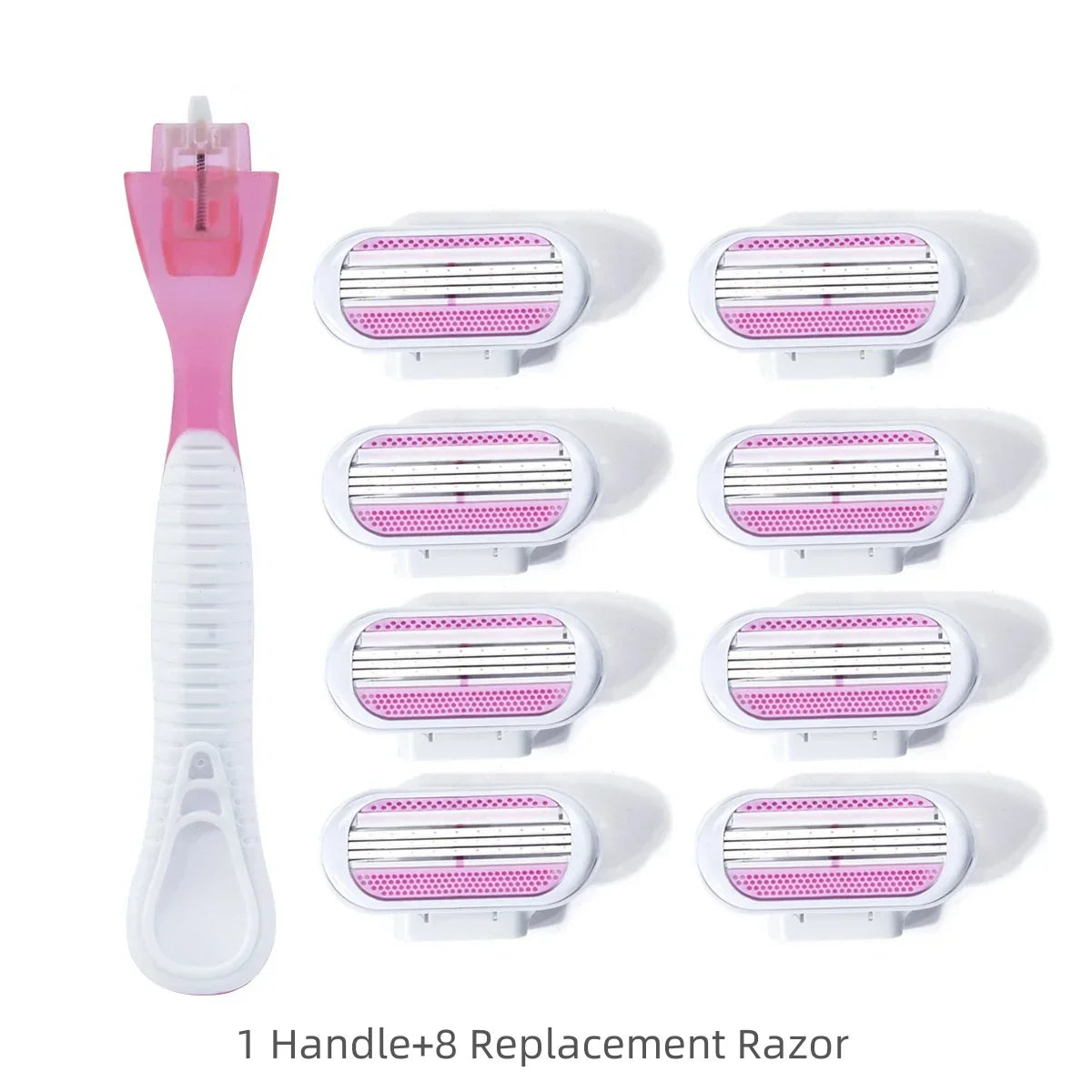 Women's Safety Razor - 1 Handle + 8 Replaceable 3-Layer Stainless Steel Blades, Pink Shaver Head for Smooth Hair Removal