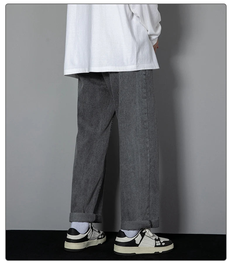 2025 New Korean Men's Casual Long Jeans Classic Man Straight Denim Wide-leg Pants Solid Color Light Blue Grey Black
