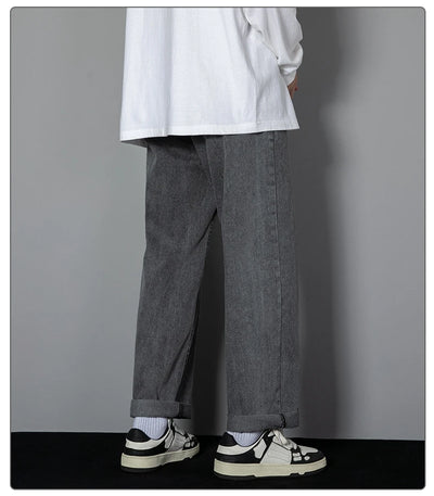 2025 New Korean Men's Casual Long Jeans Classic Man Straight Denim Wide-leg Pants Solid Color Light Blue Grey Black