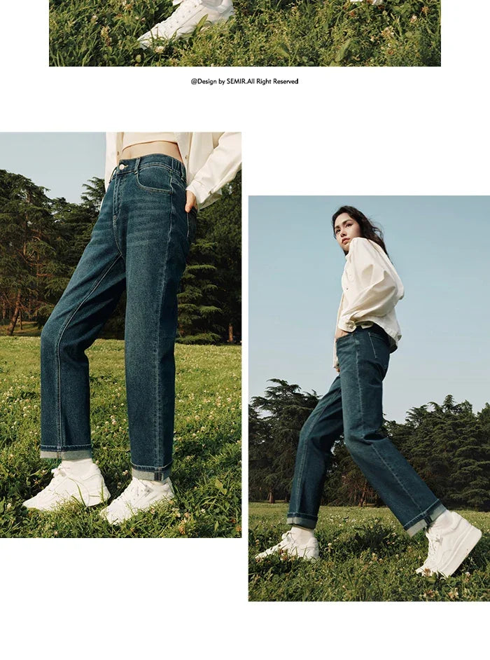 Semir 2023 Women Jeans Autumn New Rolled-edge Straight-leg Pants Slimming Trousers for Women