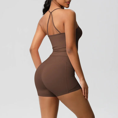 2PCS Sportswear With Pocketed Yoga Set Gym Clothes Yoga Suits For Women Tracksuits Sports Shorts Crossover Bra Gym Leggings